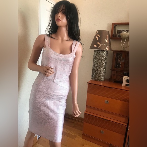 JS Collections pink & silver bodycon midi dress with zipper in sz 4. Stretchy - Picture 3 of 13